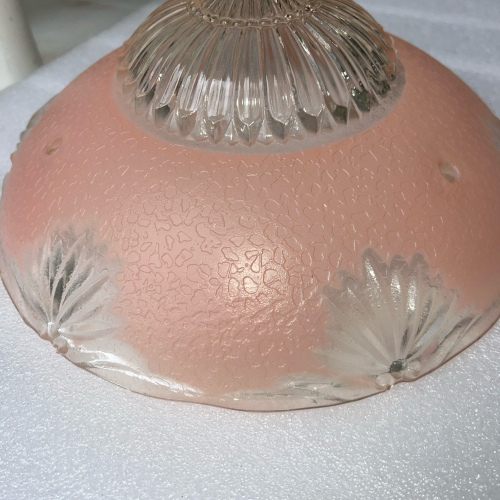 Vintage MCM Pink Frosted Glass 3 Chain Hanging Ceiling Light Shade - Picture 5 of 10